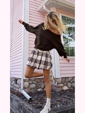 AERIE Cotton Blend Plaid Flannel Bubble Mini Skirt Lined Drawstring Waist Sz L